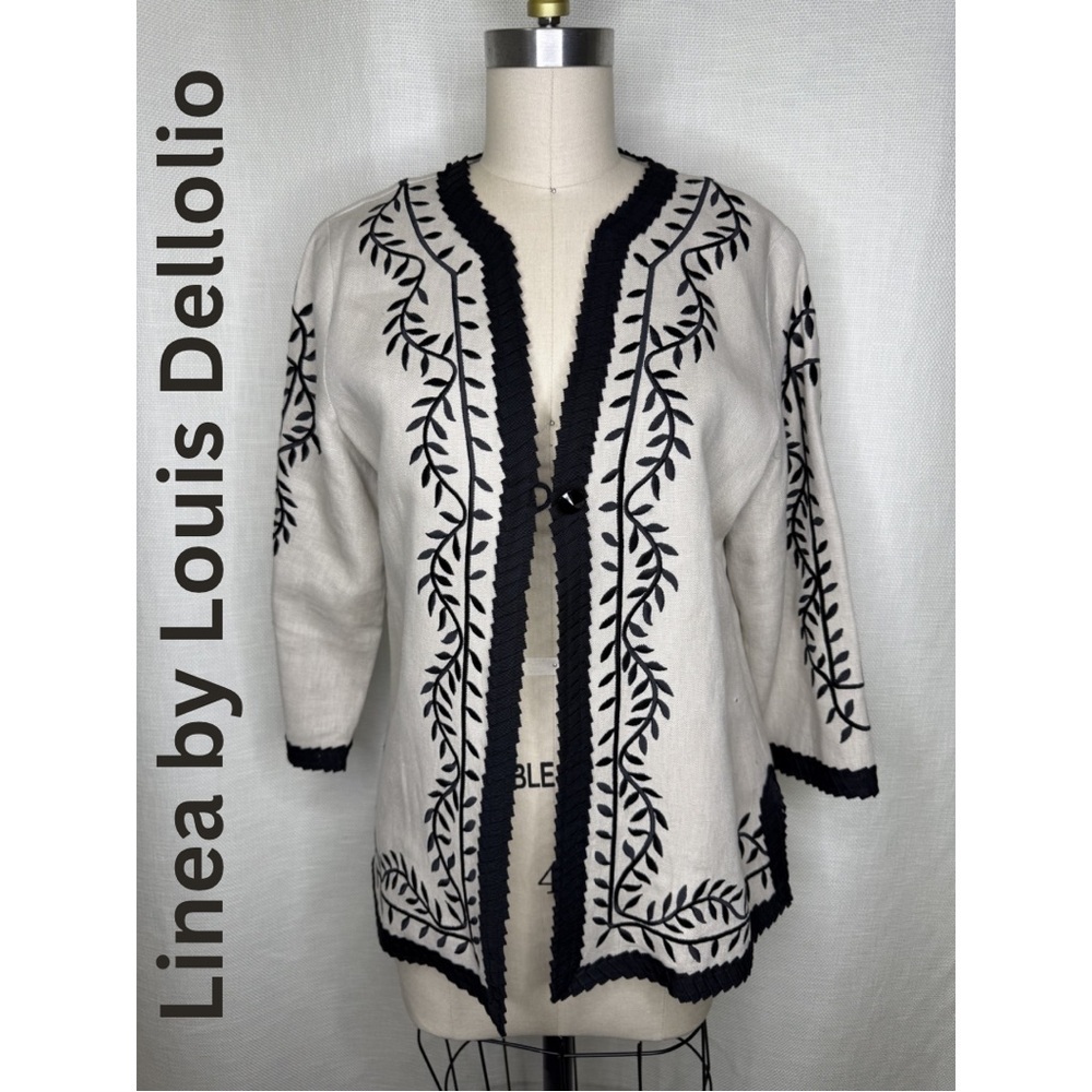 Linea Louis Dell Olio Embroidered Jacket Size S Linen Blend Black Chic